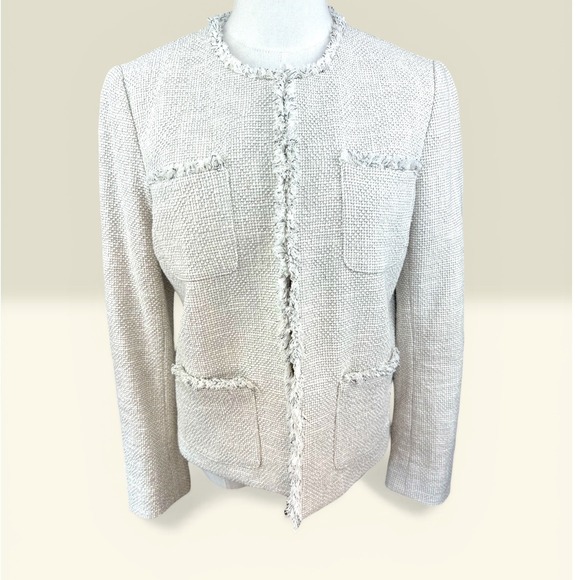 J.McLaughlin Tweed Lady Jacket Size S Cream Fringe Trim Cotton Blend Excellent